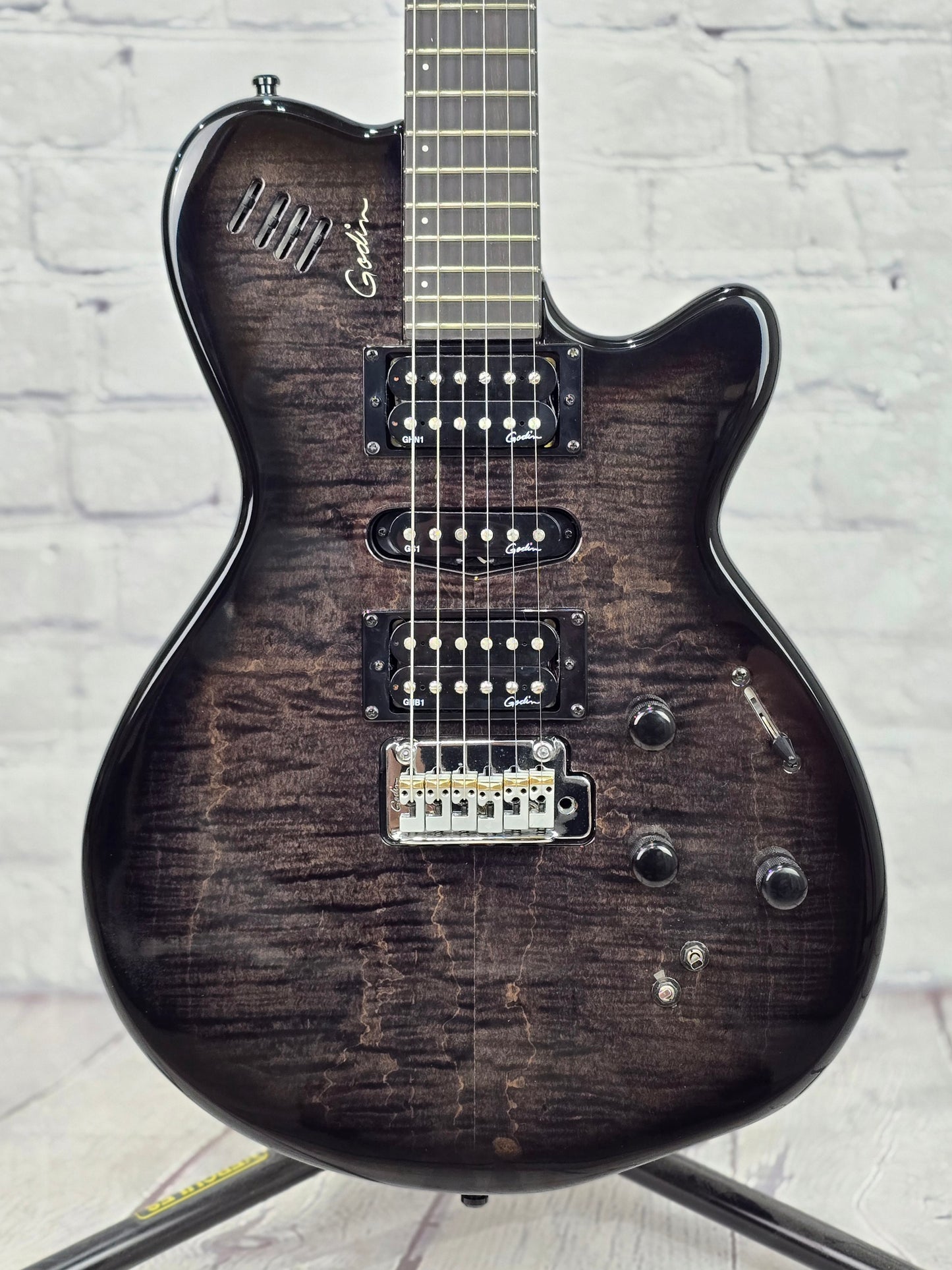 USED Godin xtSA 6 String Electric Guitar Trans Black Flame
