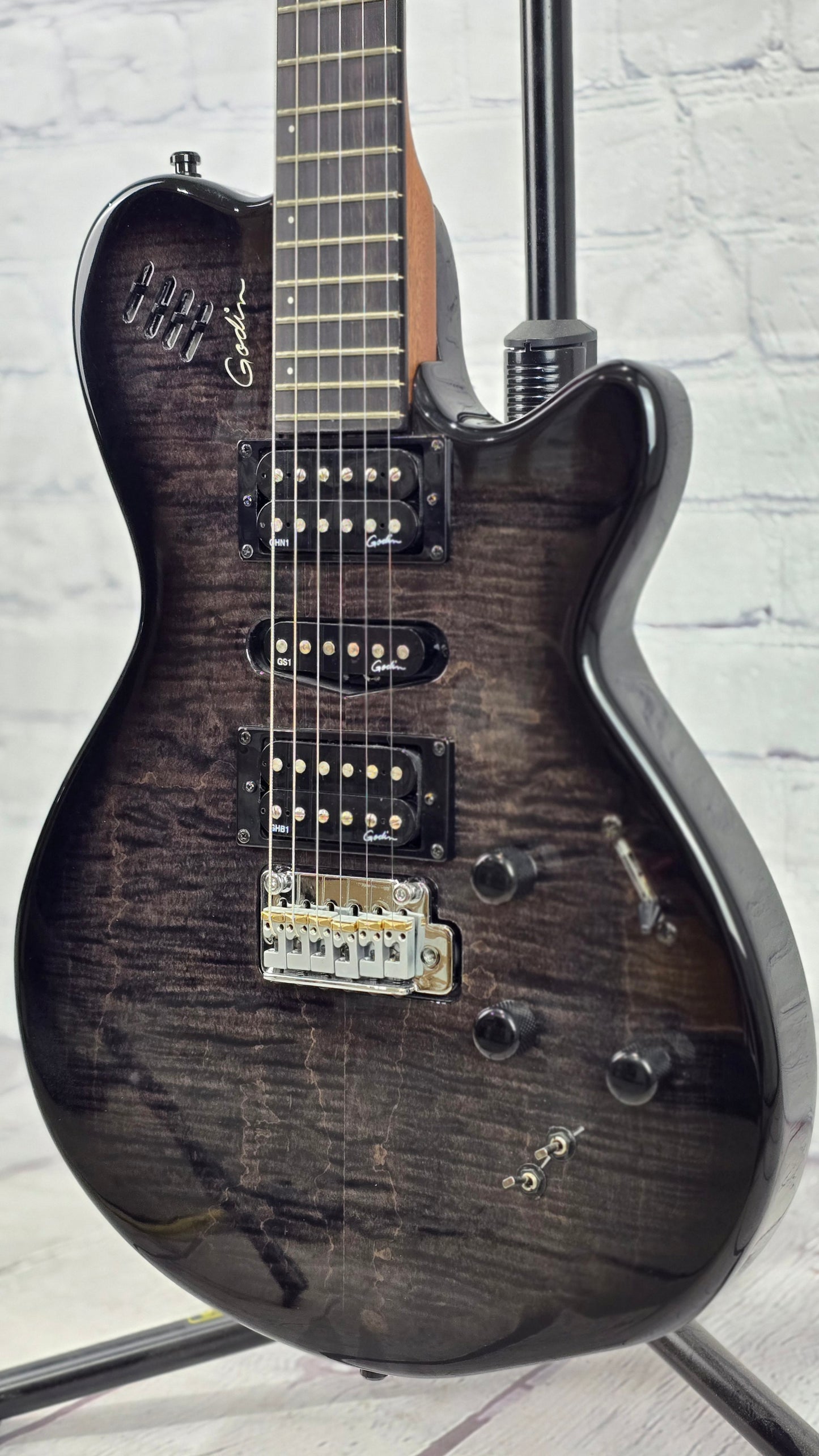 USED Godin xtSA 6 String Electric Guitar Trans Black Flame