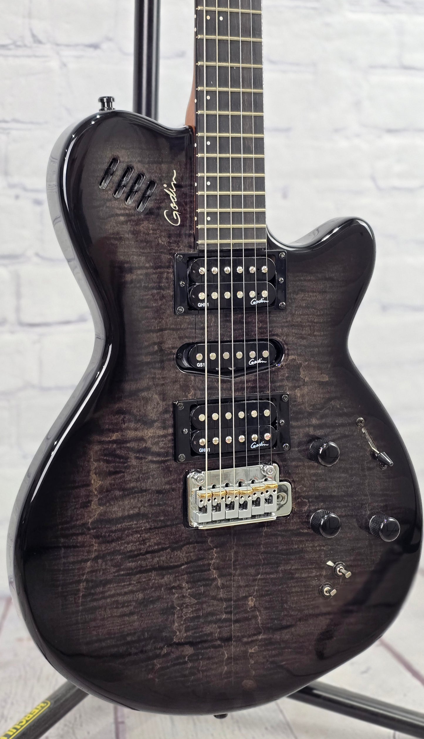 USED Godin xtSA 6 String Electric Guitar Trans Black Flame