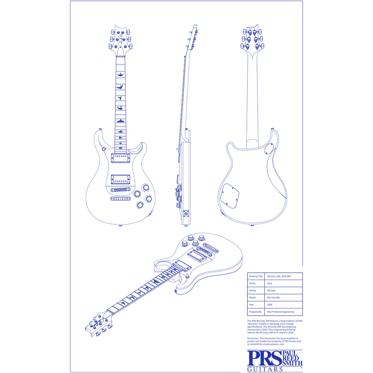 Paul Reed Smith PRS Guitars McCarty 594 Blueprint Wall Poster 11"x17"