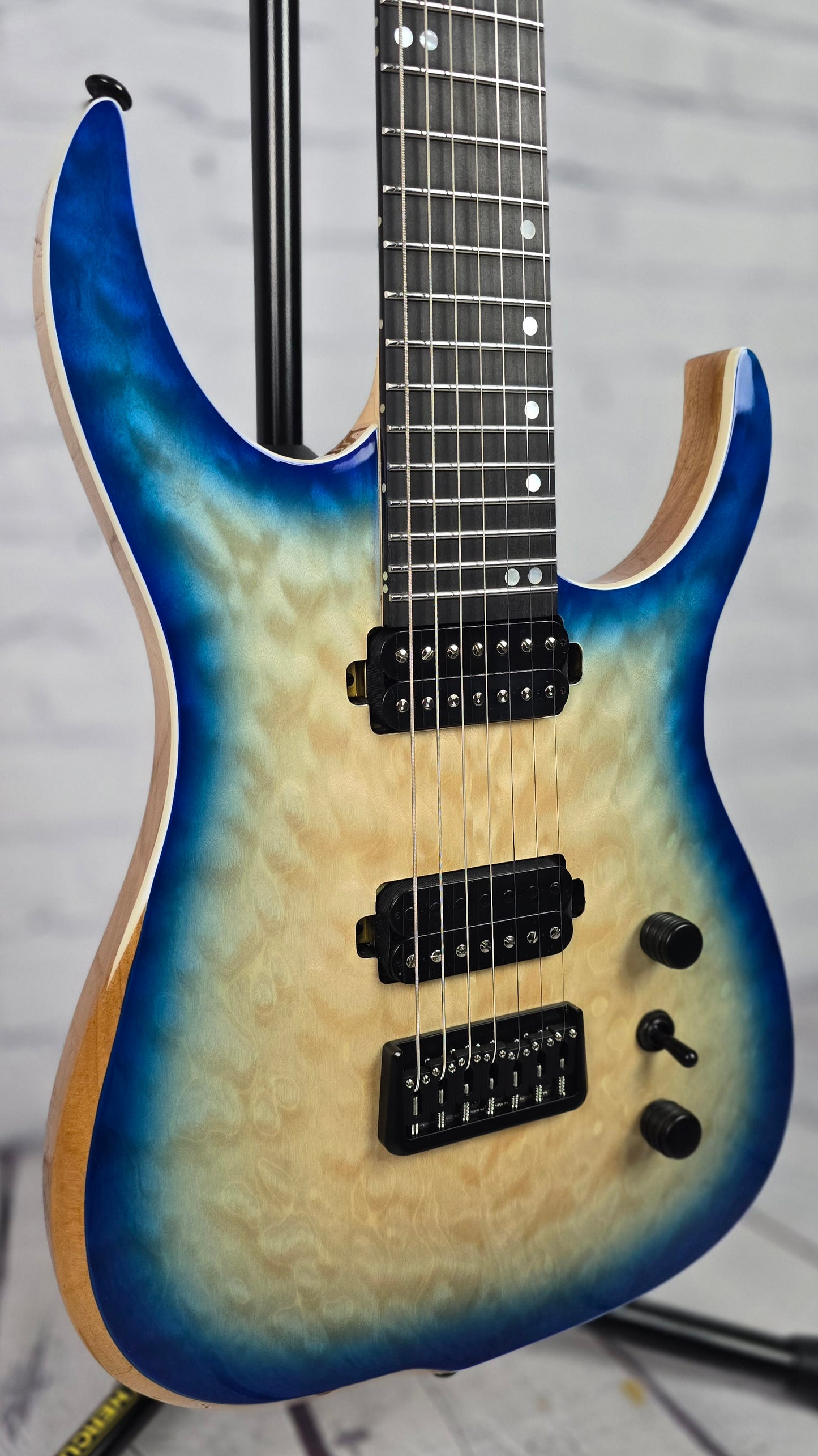 Ormsby Hype GTR 7 String Electric Guitar Hardtail Exotic Quilt Top Blue Burst