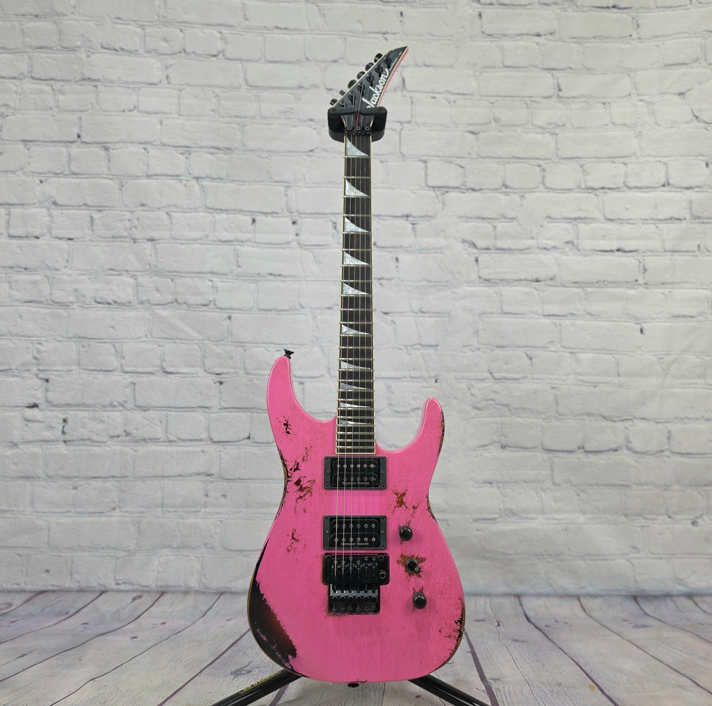Jackson Guitars USA Custom Shop Soloist SL2 HH FR 6 String Electric Guitar Platinum Pink Over 3 Tone Sunburst Heavy Tour Relic