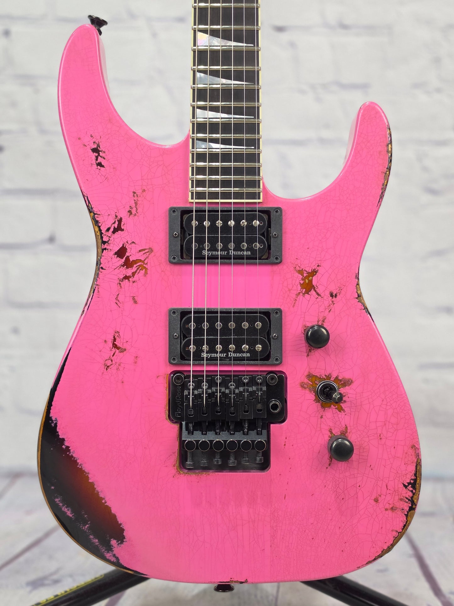 Jackson Guitars USA Custom Shop Soloist SL2 HH FR 6 String Electric Guitar Platinum Pink Over 3 Tone Sunburst Heavy Tour Relic