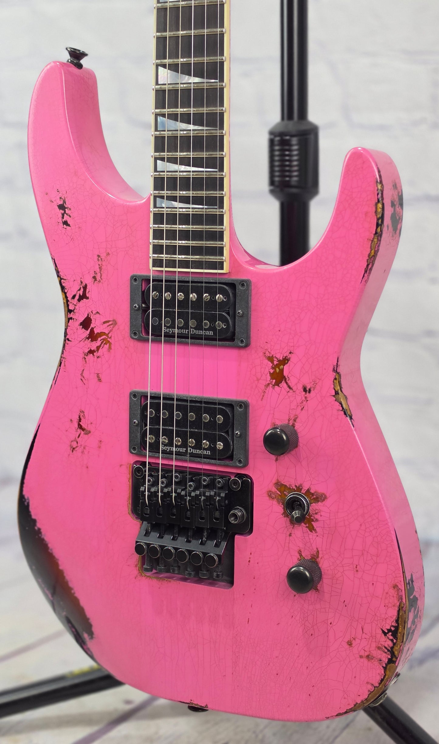 Jackson Guitars USA Custom Shop Soloist SL2 HH FR 6 String Electric Guitar Platinum Pink Over 3 Tone Sunburst Heavy Tour Relic