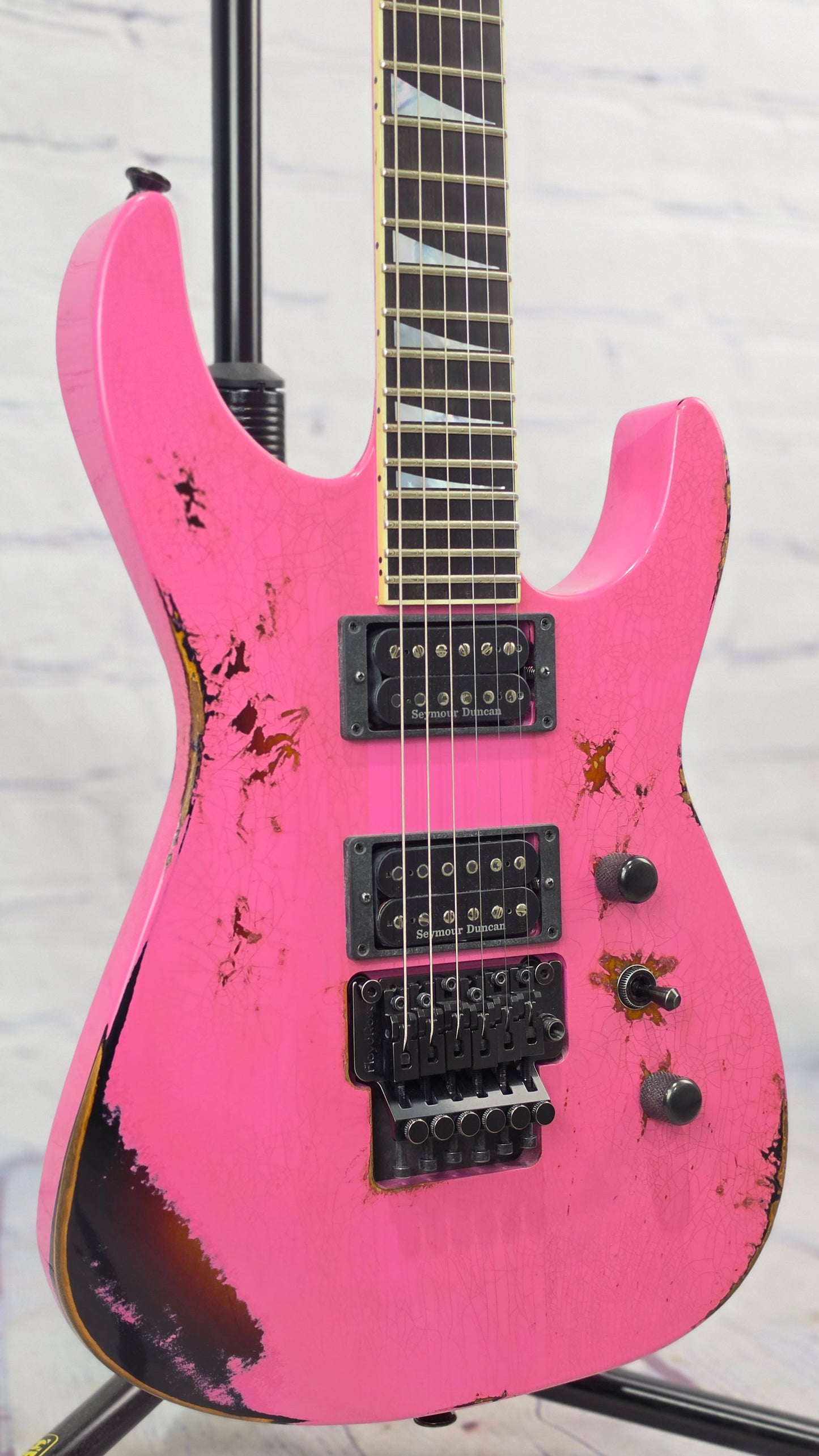 Jackson Guitars USA Custom Shop Soloist SL2 HH FR 6 String Electric Guitar Platinum Pink Over 3 Tone Sunburst Heavy Tour Relic
