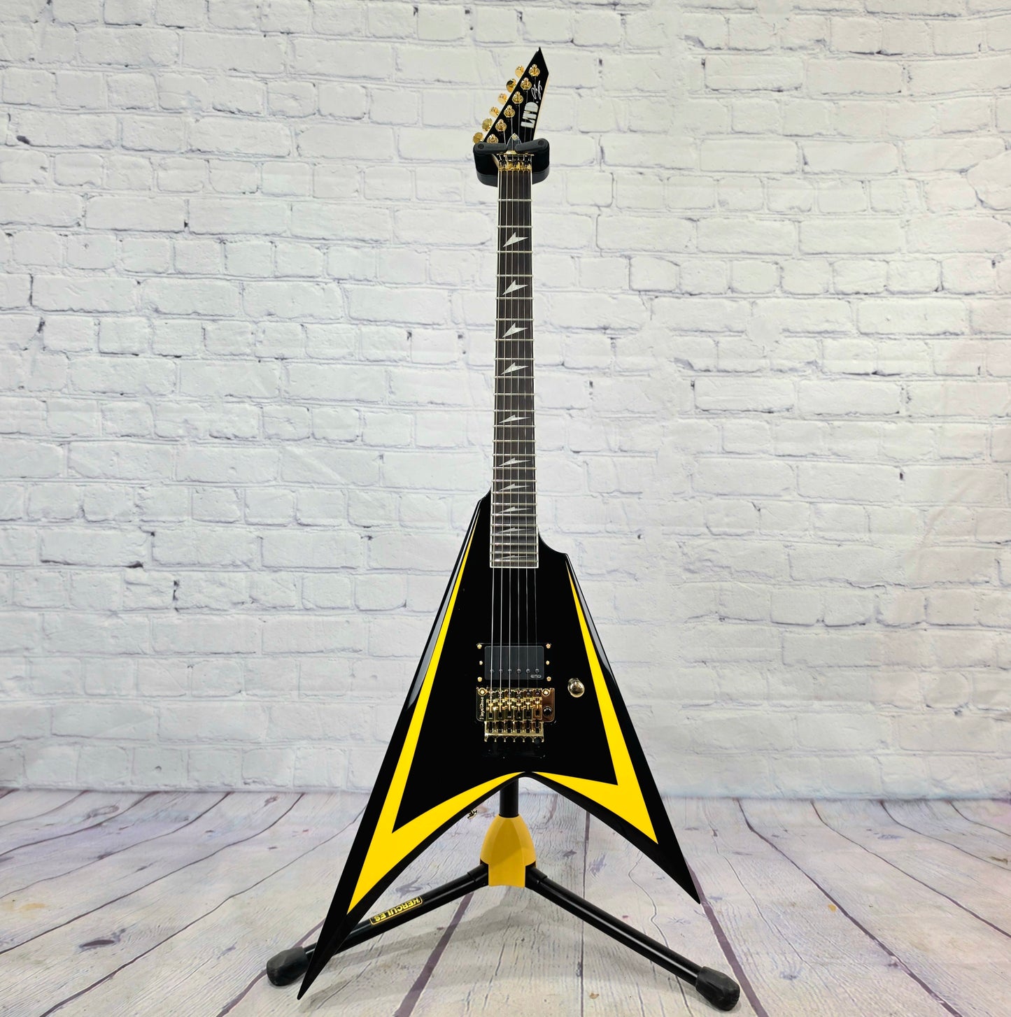 ESP LTD Alexi Laiho Signature Arrowhead 20th Anniversary 6 String Electric Guitar Black w/ Yellow Pinstripe