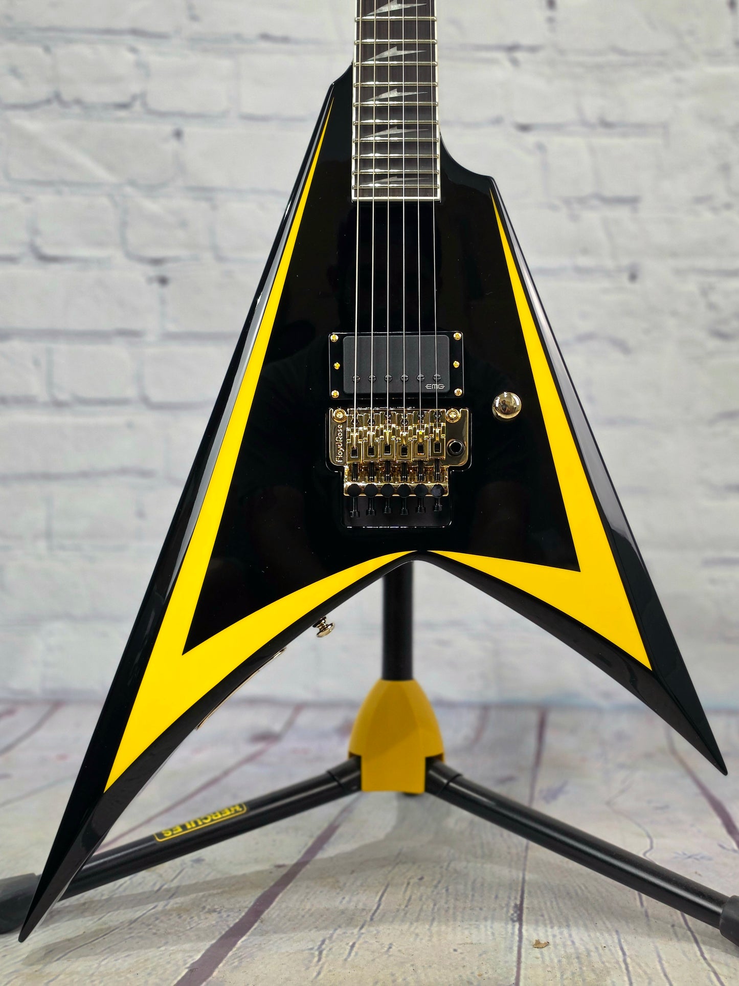 ESP LTD Alexi Laiho Signature Arrowhead 20th Anniversary 6 String Electric Guitar Black w/ Yellow Pinstripe