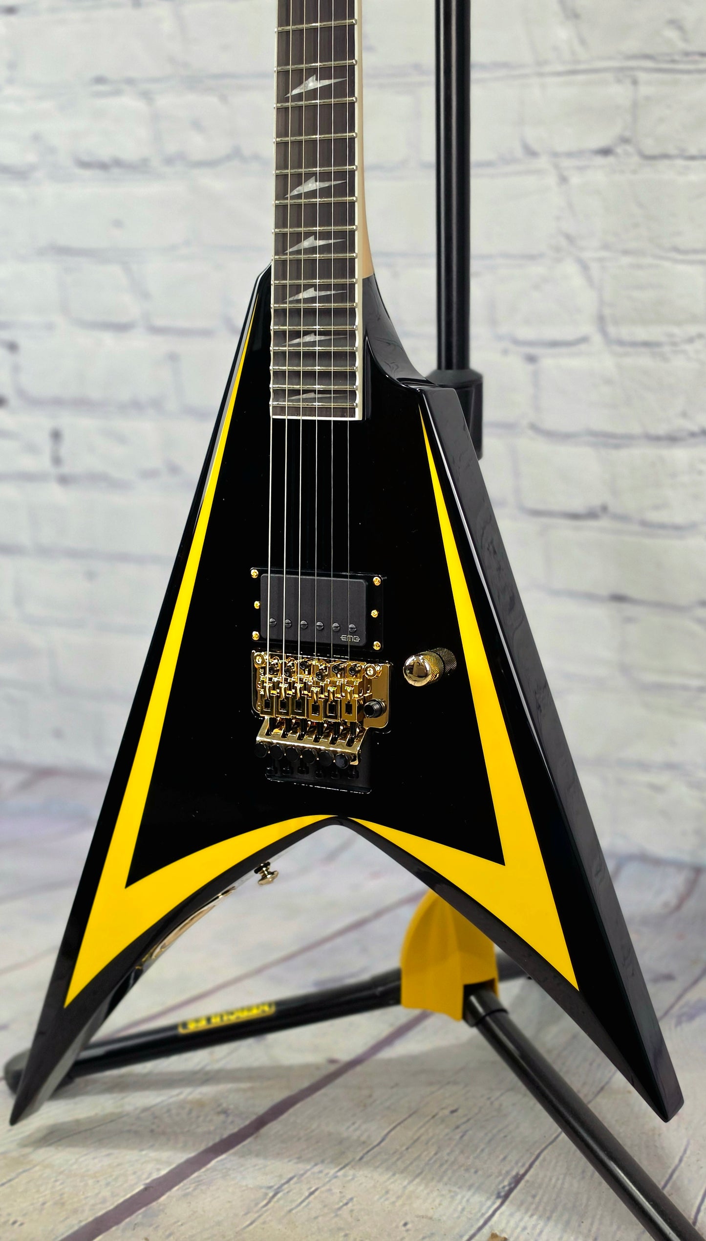 ESP LTD Alexi Laiho Signature Arrowhead 20th Anniversary 6 String Electric Guitar Black w/ Yellow Pinstripe