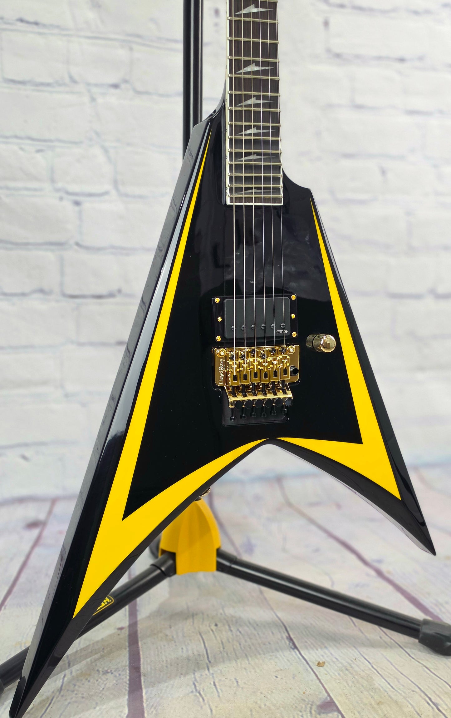 ESP LTD Alexi Laiho Signature Arrowhead 20th Anniversary 6 String Electric Guitar Black w/ Yellow Pinstripe