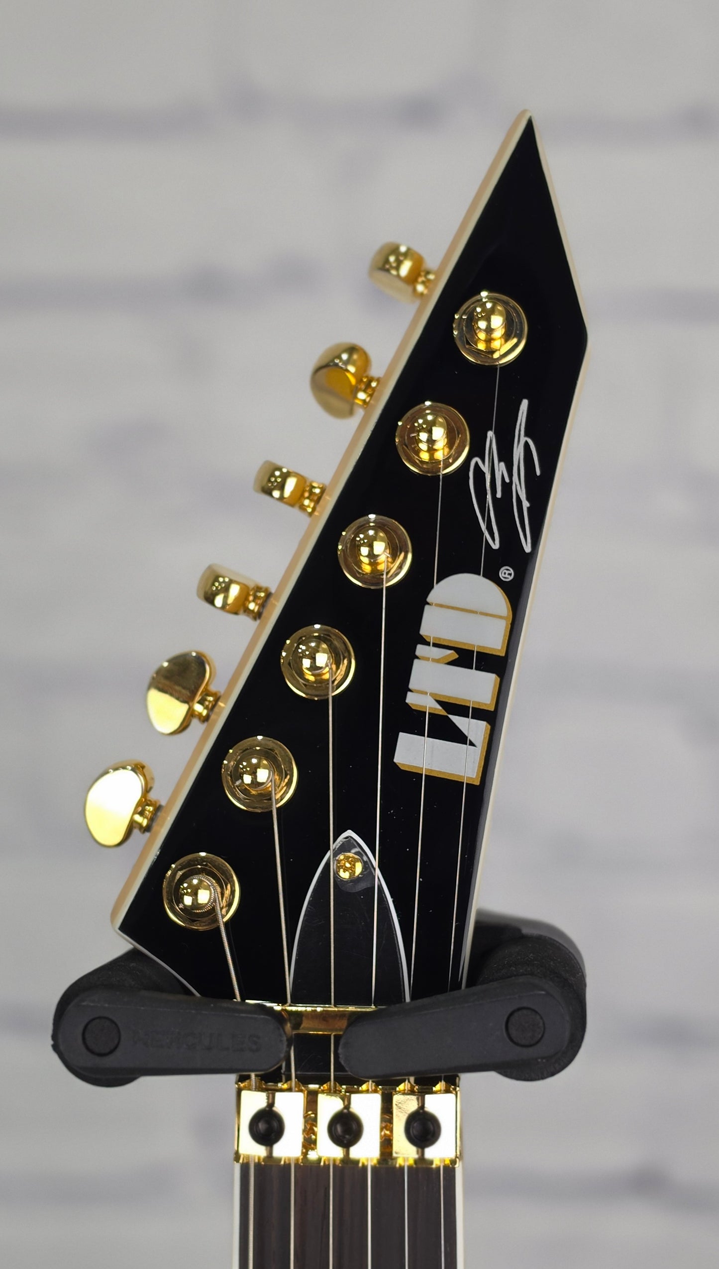 ESP LTD Alexi Laiho Signature Arrowhead 20th Anniversary 6 String Electric Guitar Black w/ Yellow Pinstripe