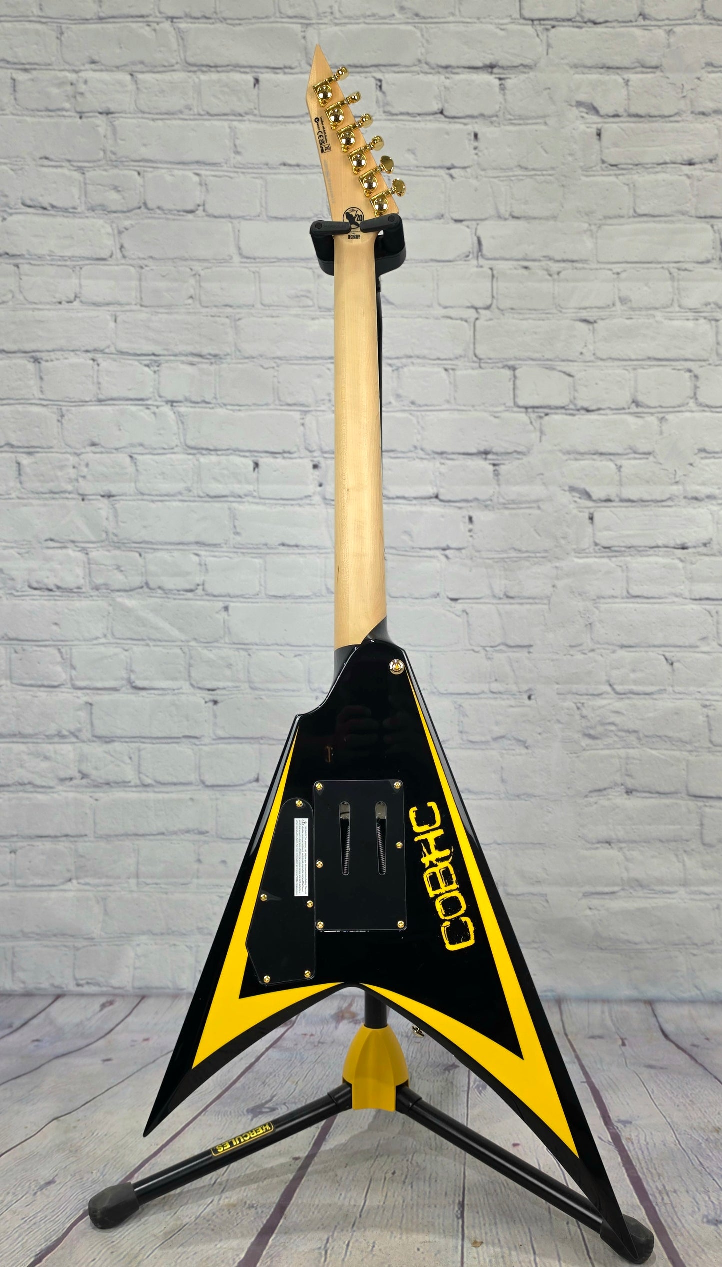 ESP LTD Alexi Laiho Signature Arrowhead 20th Anniversary 6 String Electric Guitar Black w/ Yellow Pinstripe
