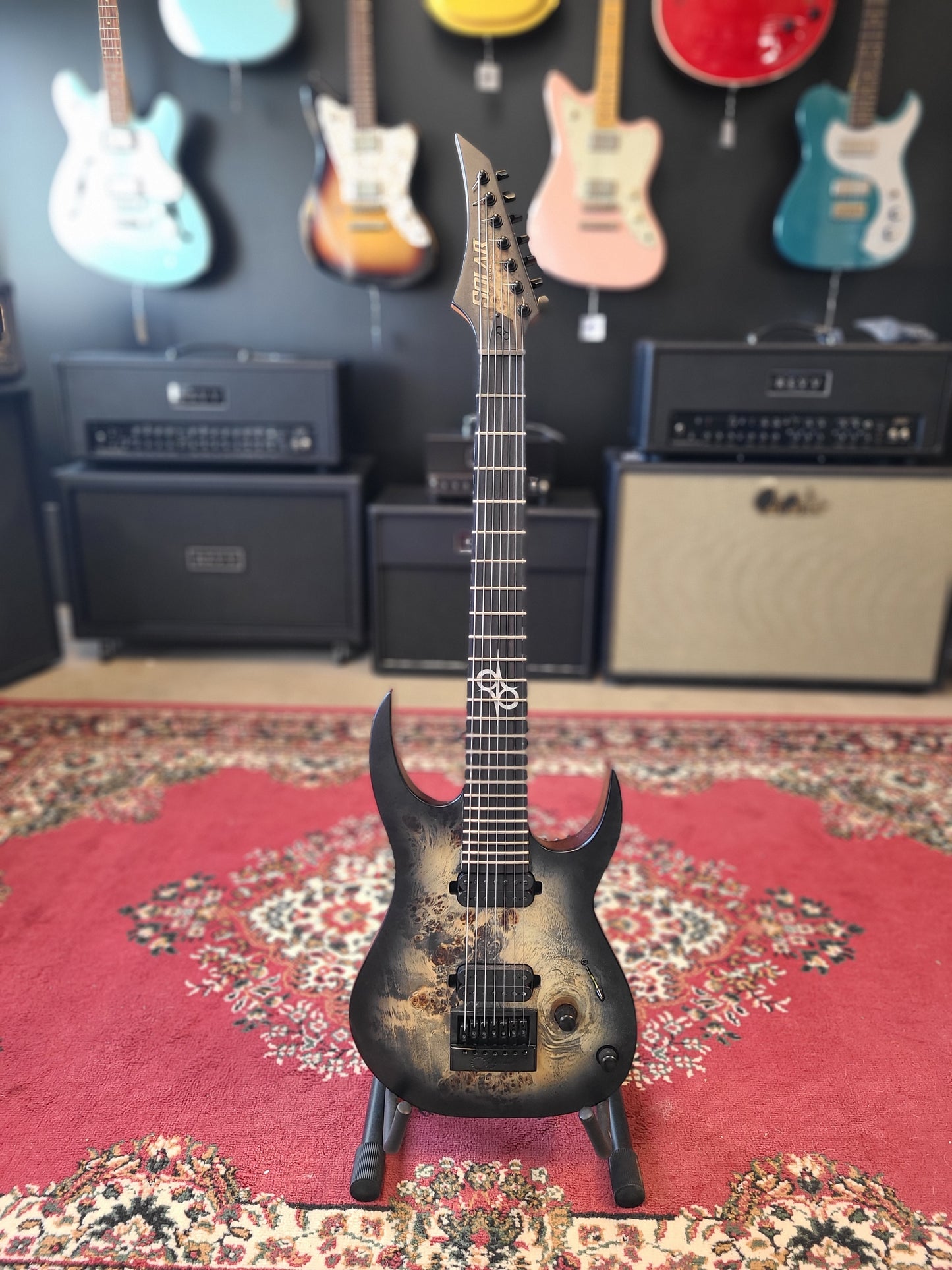 USED Solar S1.7PB Poplar Burl 7 String Evertune Guitar