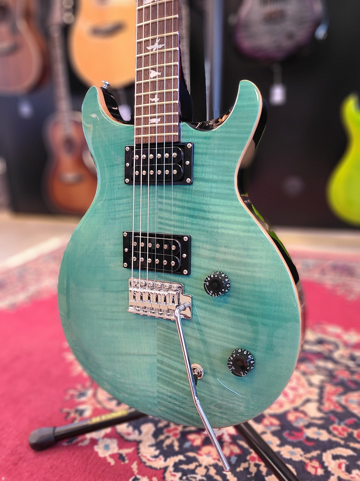 USED PRS SE Santana Sapphire Blue Vintage Tremolo Birds - Guitar Brando