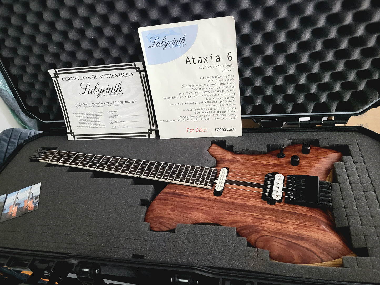 USED Labyrinth Ataxia 6 String Headless Electric Guitar BKPs Hipshot Wenge