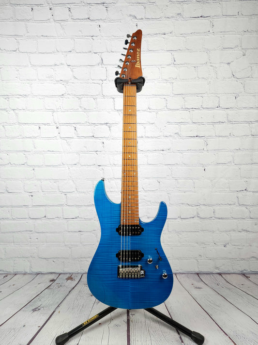 Ibanez Prestige Martin Miller Signature MM7 TAB 7 String Electric Guitar Transparent Aqua Blue